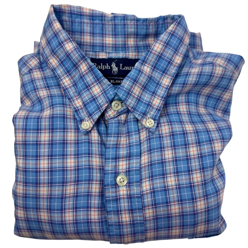 Y2K Ralph Lauren Blake XL Blue Plaid Button Down Pink Blue Cotton Pony‎